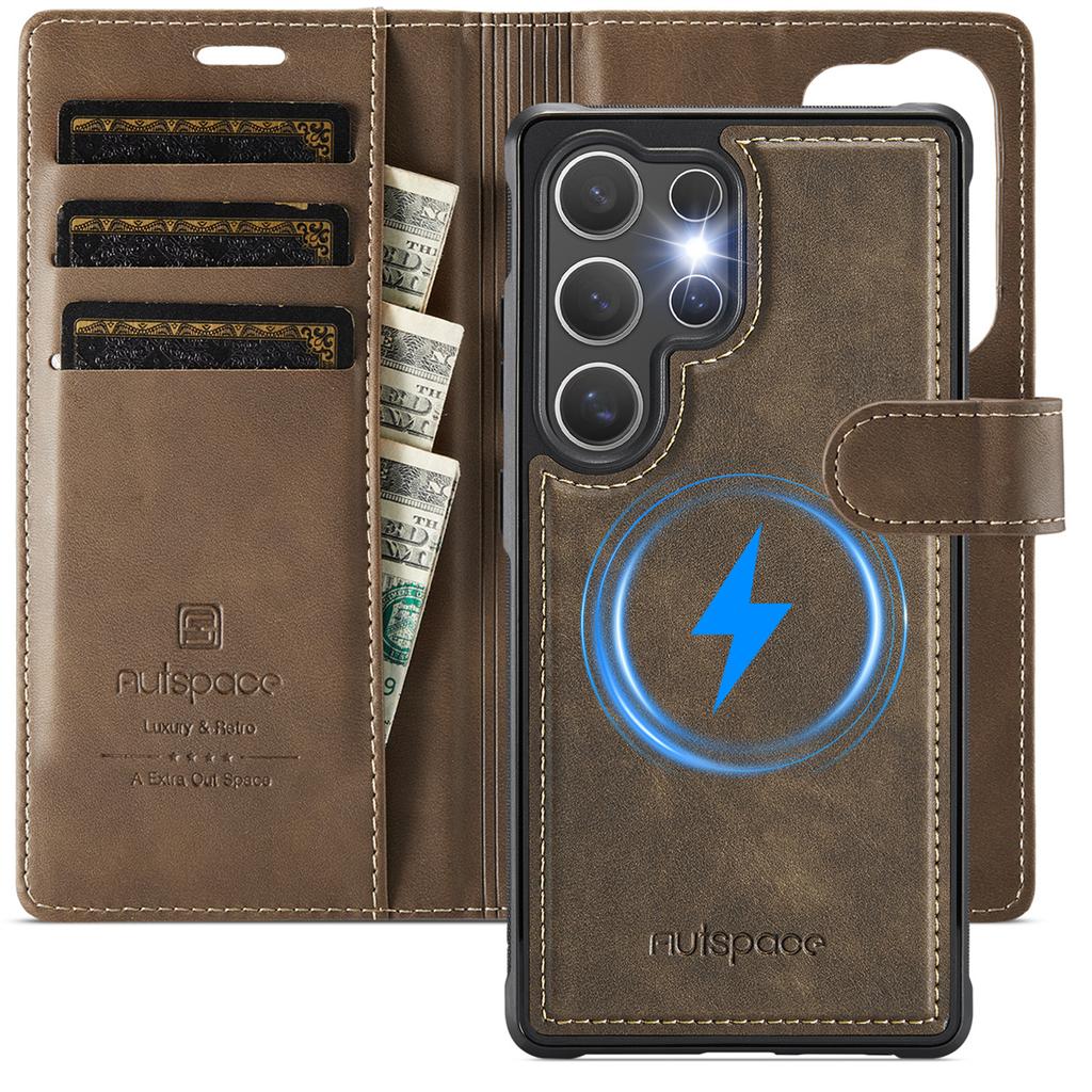 2-in-1 Magnetic Detachable Wallet Case for Samsung Galaxy S24/S24 Plus/S24 Ultra - PU Leather, Card Slots, Wireless Charging, 360° Protection