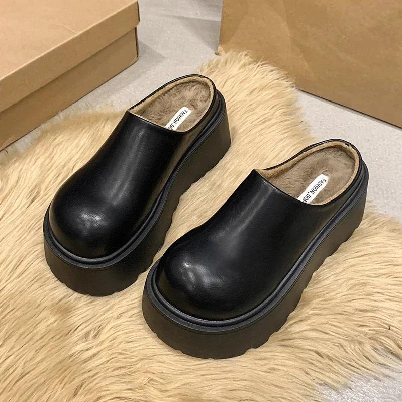 Short Plush Chunky Women Mules Slippers Casual Cover Toe Platform Flats Slides Ladies Comfort Cotton Shoes