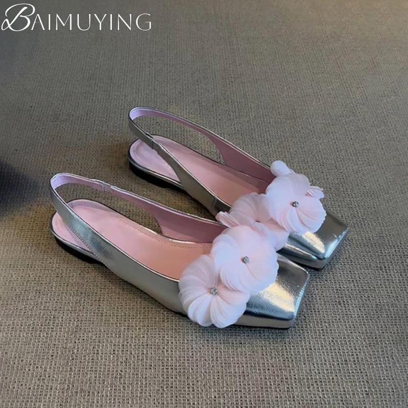 Fashion Flower Square Toe Women Flat Sandals Loafers Shoes Woman 2025 Trend Summer Elegant Ballet Shoes Dress Shallow Sandalias De Mujer