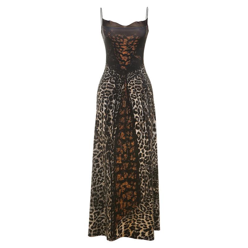 

Summer New Fashion Leopard Print Low Chest Suspender Mesh Stitching High Waist Dress S