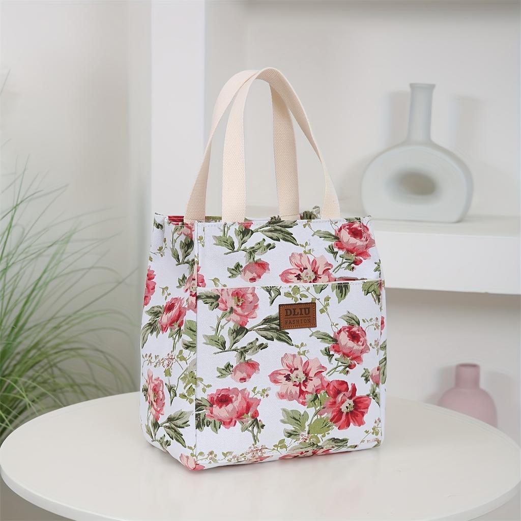 Vintage Floral Fabric Handbag - Thickened Work Tote with Front Zipper Pocket, Portable Cup Box Storage Bag, Semi-Sealed with Zipper Closure