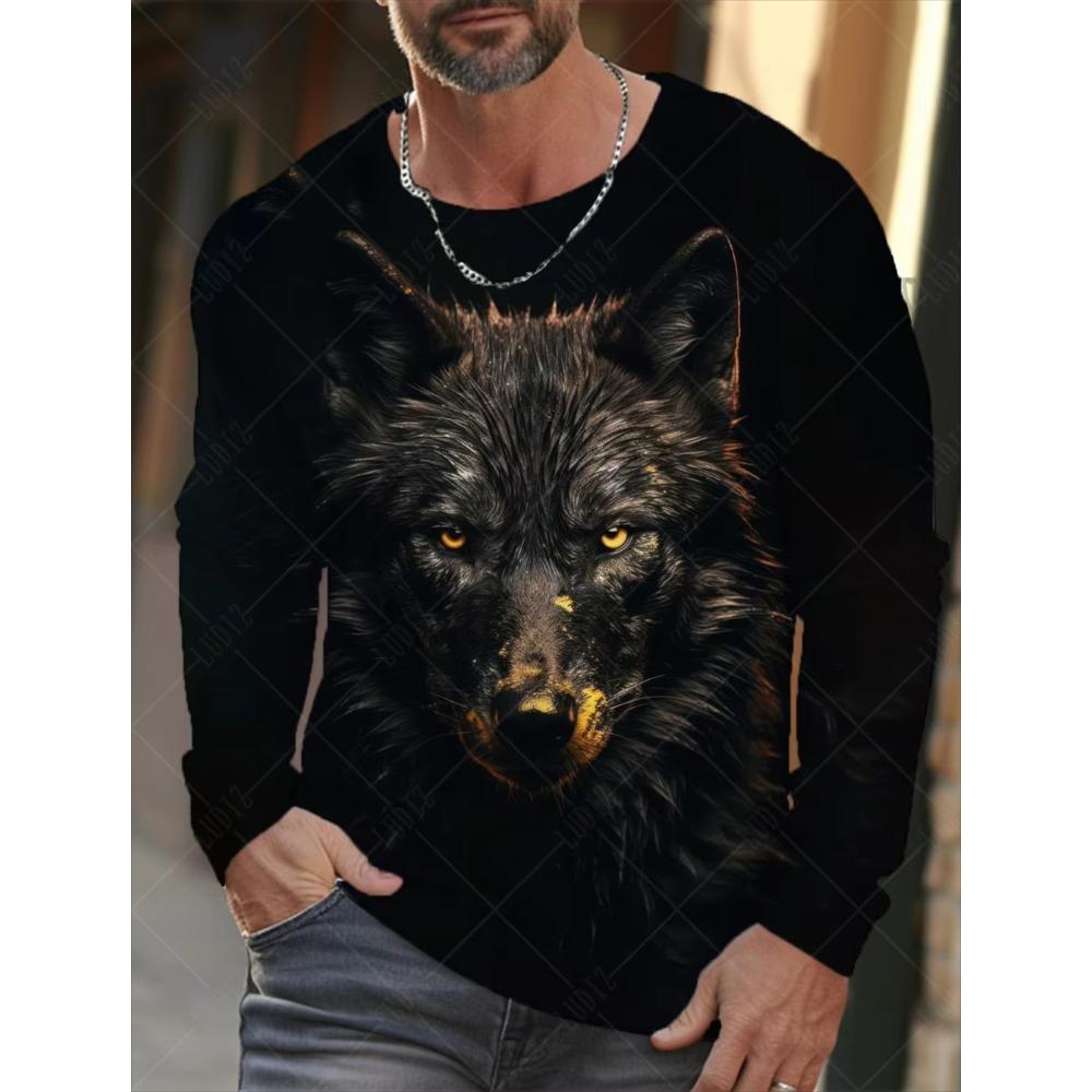 Animal Wolf Printed T-shirt Men Long Sleeve Casual Fashion T-shirt Personalized Comfortable Breathable Versatile Autumn T-shirt