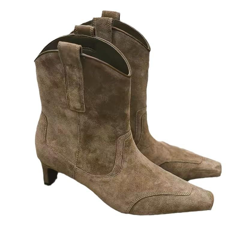Korean version of niche suede face square head middle heel thin boots women's 2025 autumn and winter velvet western cowboy boots short boots
