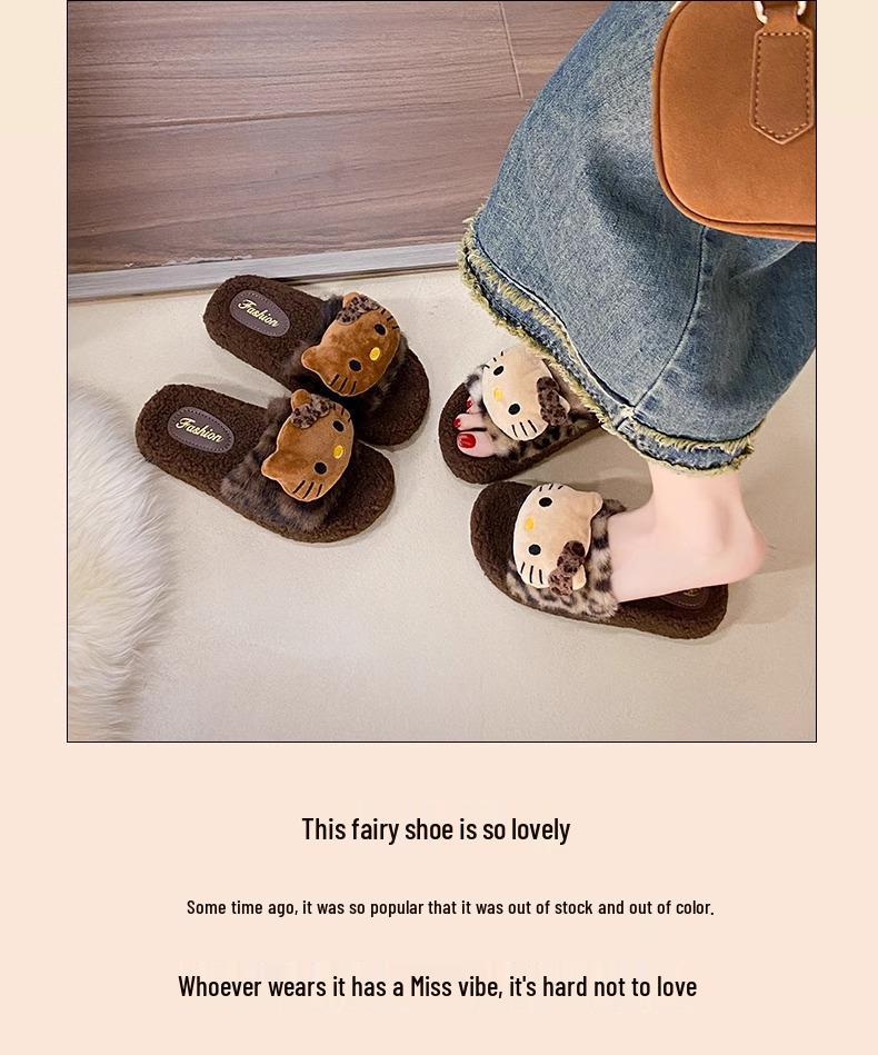 Women's Cute Leopard Print Fuzzy Cat Slippers – Cozy Winter Cotton Slide with Thick Sole