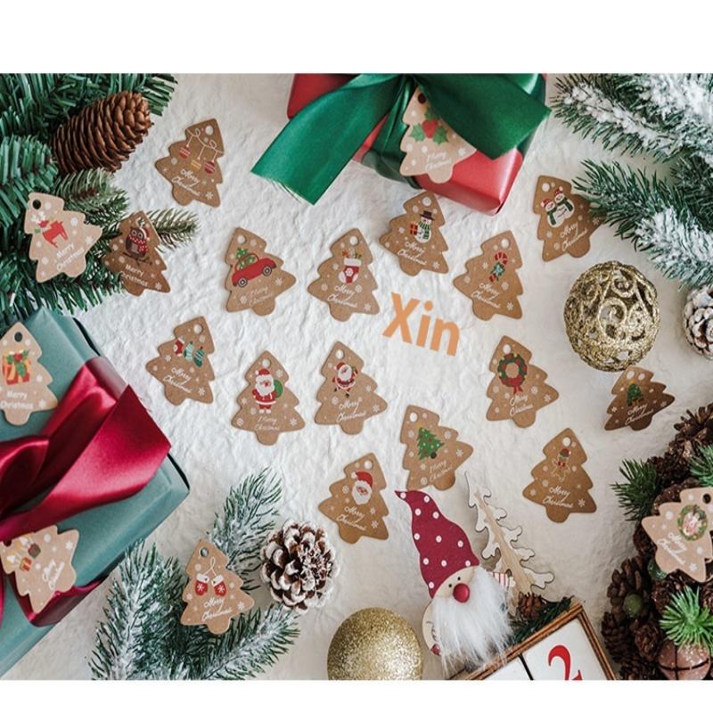 48Pcs Xmas Tree Tags Gift Bags Hanging Kraft Paper Tag Retro Christmas Candy Cookies Packaging Supplies Noel Navidad Decoration