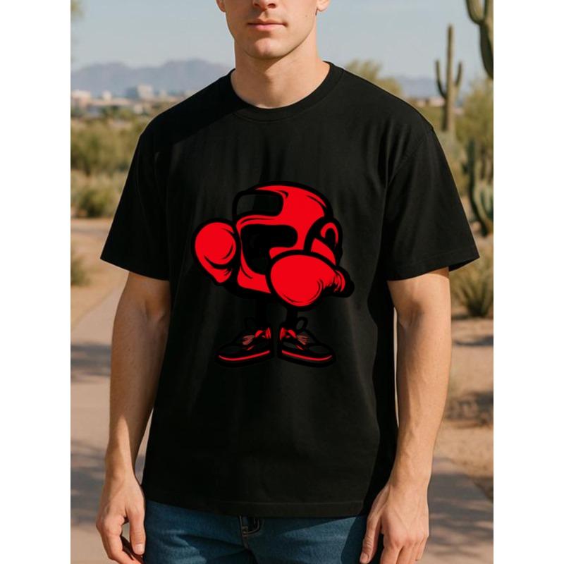 European Size Men's 100% Cotton Boxing-Themed T-Shirt with Abstract Animation Character Print - Casual Short Sleeve Round Neck Tee for Gym
