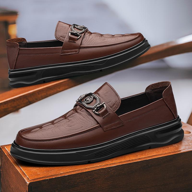 Crocodile Pattern Genuine Leather Mens Shoes High Quality Casual Driving Shoes Luxury Brand Business Shoes Comfort Slip On Flats