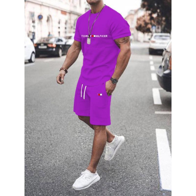 Set Sport Bărbați Două Piese Imprimat 3D Gât Rotund Tricou Model Colorat Imprimare cu Litere Casual Fitness Topuri cu Mânecă Scurtă Pantaloni Scurți