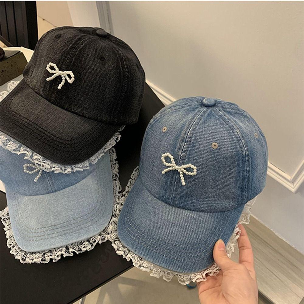 Pearl Bowknot Baseball Hat Bowknot Denim Hat Versatile Peaked Cap  Women