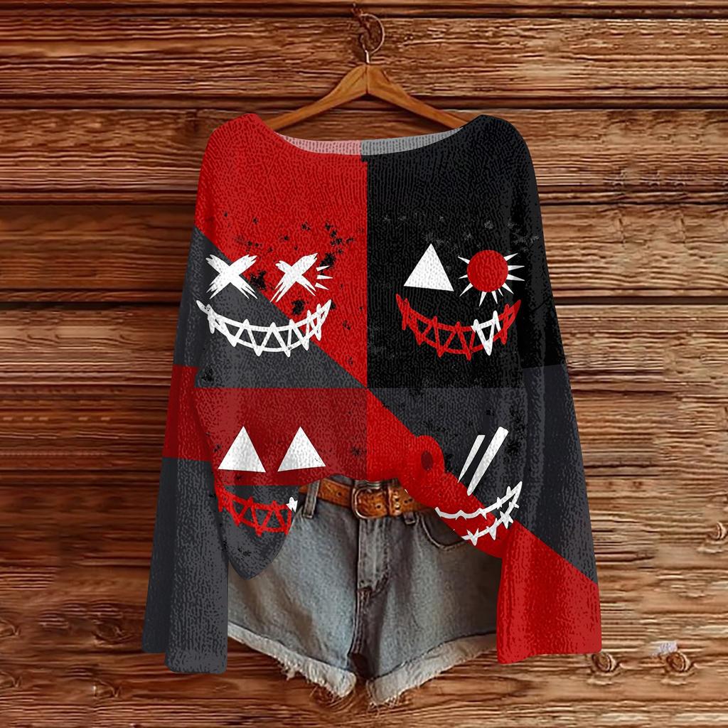 Women's Long Sleeve Halloween Print Crewneck Knit Pullover Sweater for Casual Daily Wear