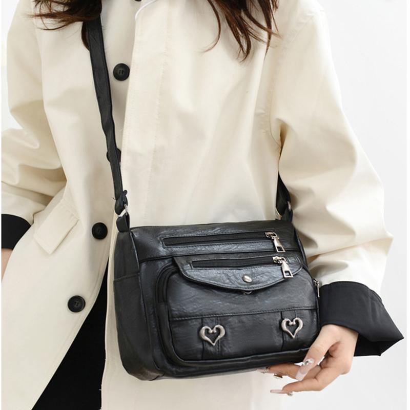 Mehrschichtige Umhängetasche mit Herzdekor, modische Damen-Leder-Crossbody-Taschen, geeignet für den Arbeitsweg