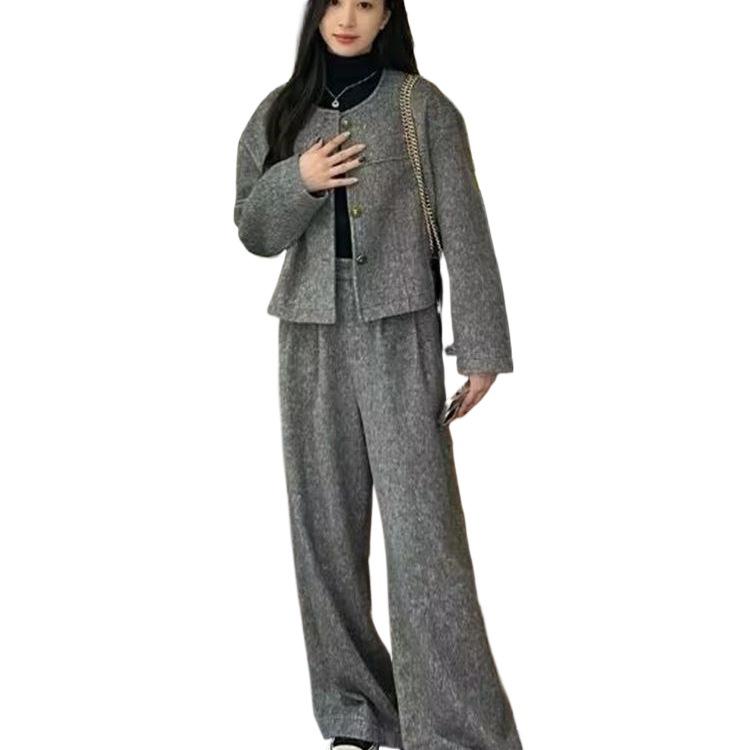 Women's Autumn/Winter Tweed Suit: Little Fragrance Style Coat & Wide-Leg Pants Set