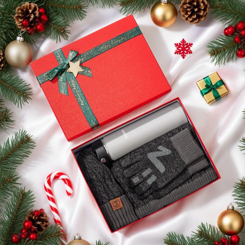 Winter Knit Hat Scarf Gloves Set With Insulated Thermos Cup Gift Box Christmas New Employee