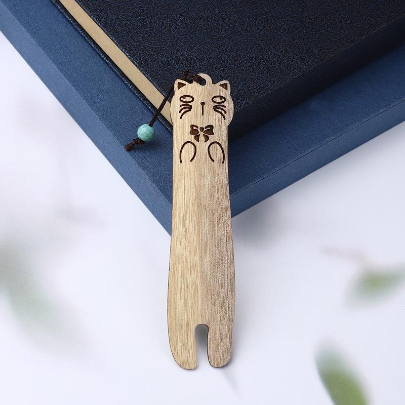 Retro Solid Wood Cat Bookmark Gift Box - Exquisite Literary Cartoon Design