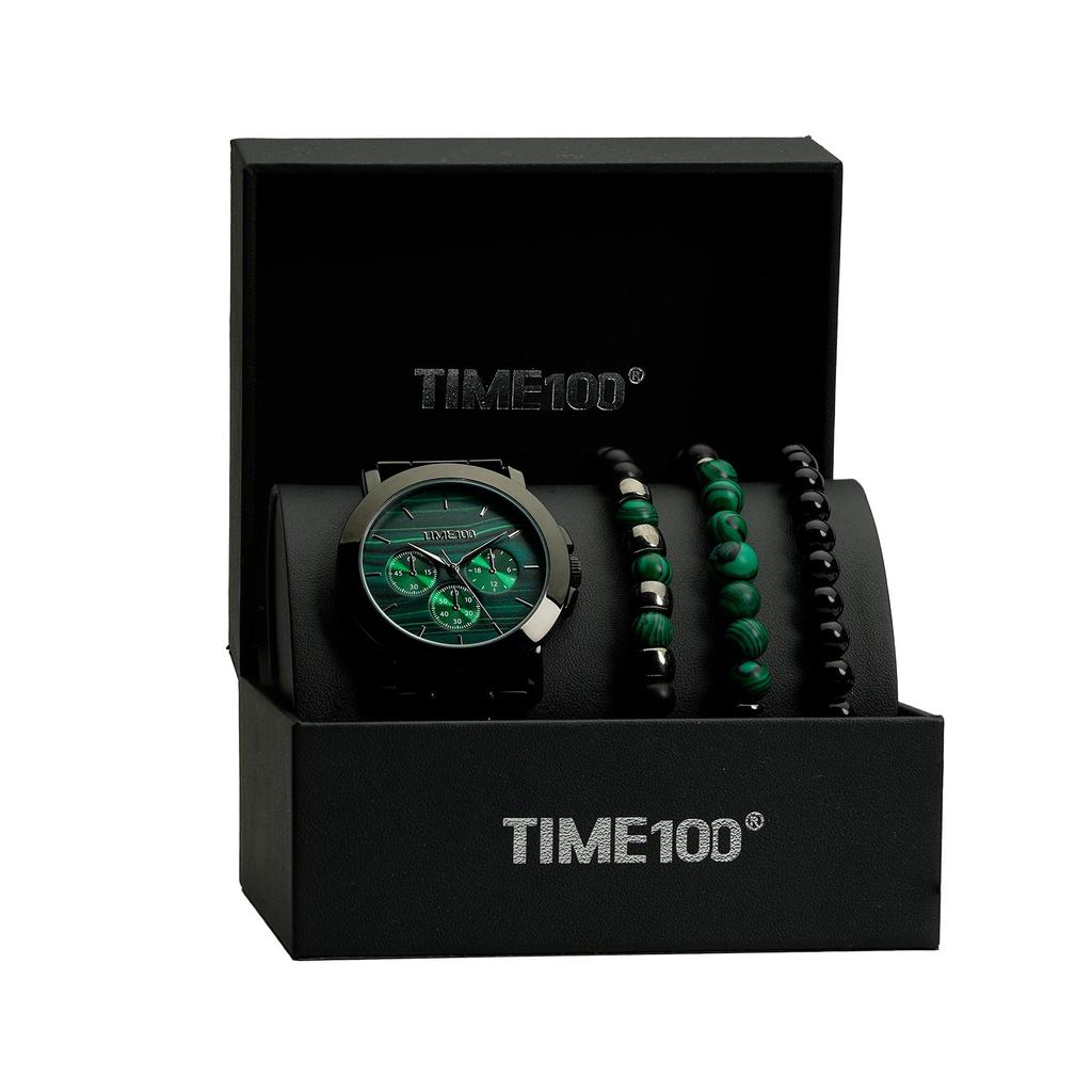 [TIME100] Gift Set: Men's Watch and Bracelet, Gift Wrapping (Green)