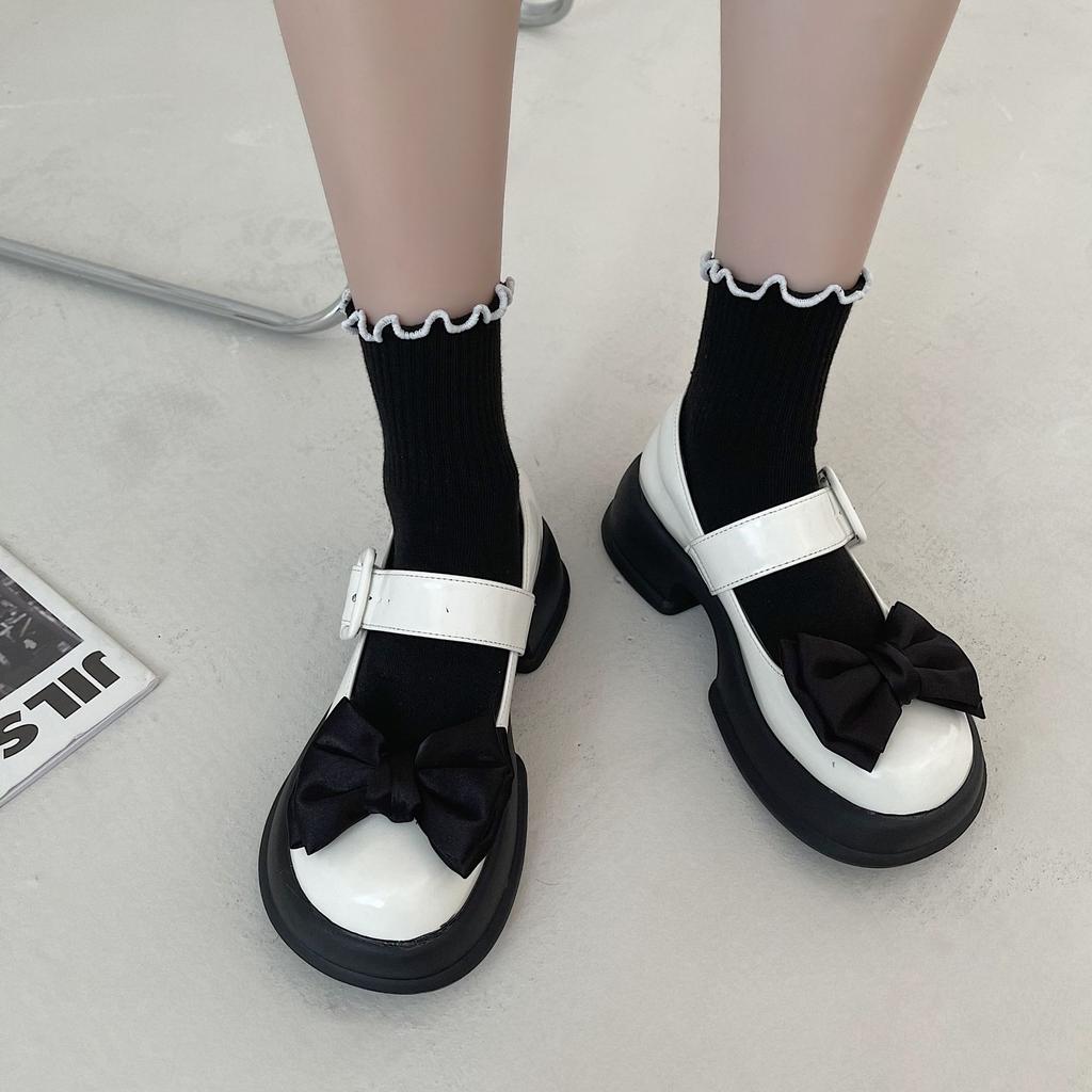 Retro Schleife Kleine PU Lederschuhe Damen Sommer Einfache Dicke Sohle Dicker Absatz Mädchen Mary Janes Schuhe Damen Plateauabsätze