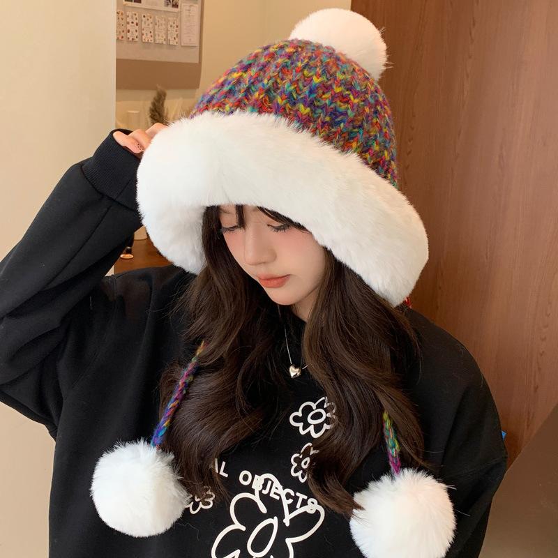 

Милая цветная шерстяная женская зимняя бархатная утолщенная универсальная вязаная теплая шапка с помпоном, защита ушей, тренд M（54-60cm）