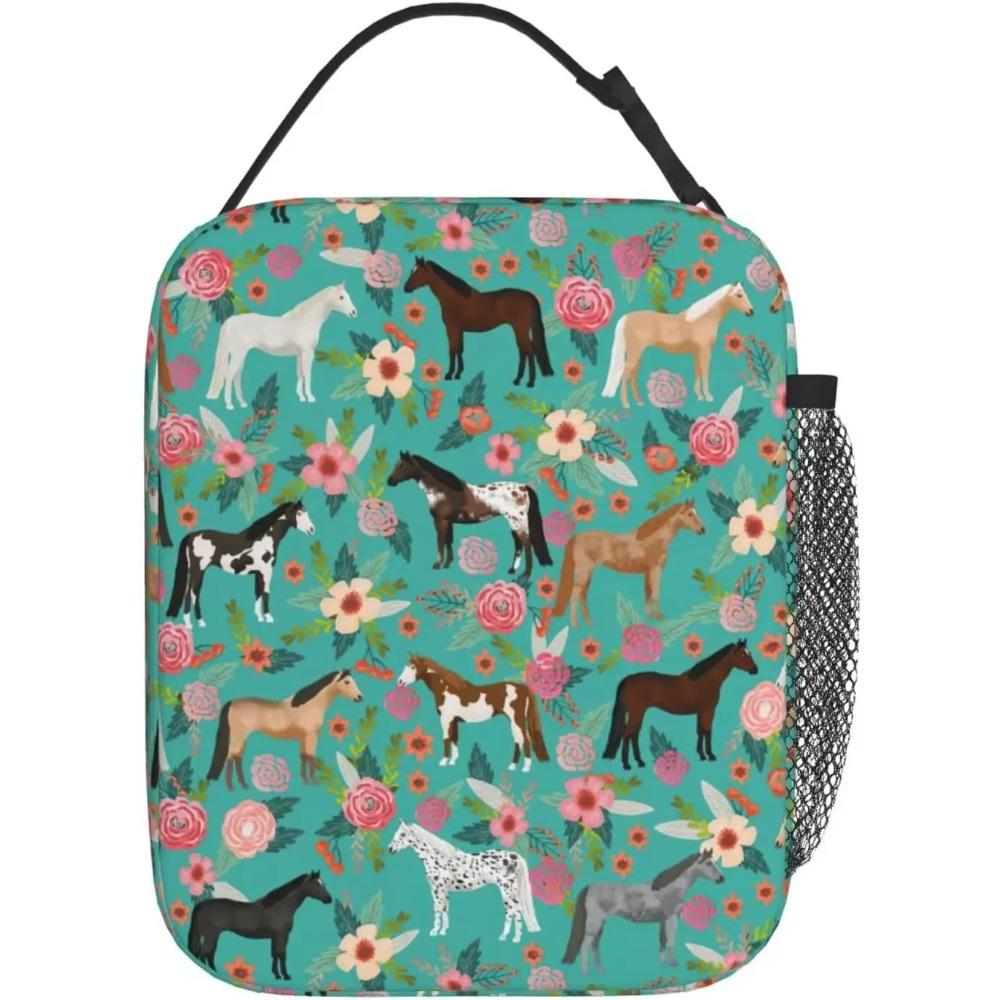 Horse And Flower Lunch Box Insulated Lunch Bags Zipper Lunch Bag Cooler Tote Bag For Teens Men Women Office Picnic