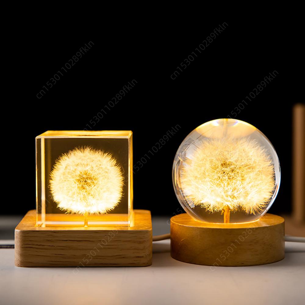 Forever Flowers Kristallkugel Licht mit Holzsockel Runde Kugel Nachttischlampe Büro Heimdekoration Geschenke für Männer Frauen Kinder Jungen Mädchen