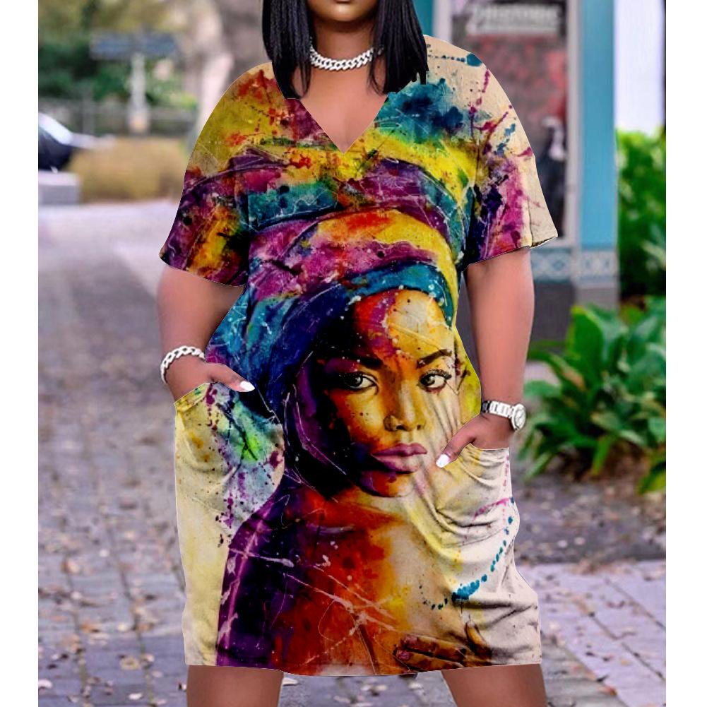 2026 digital printing cross-border temperament commuter skirt pullover V-neck dress