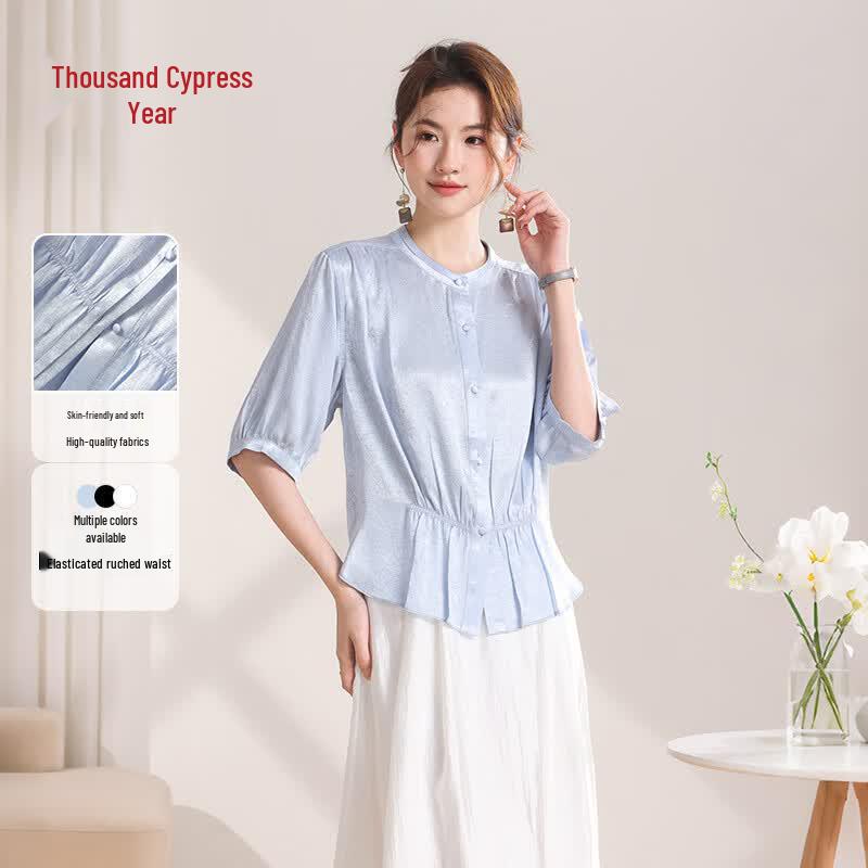 Qianbainian Women s Vintage Stand Collar Satin Half-Sleeve Blouse XXL