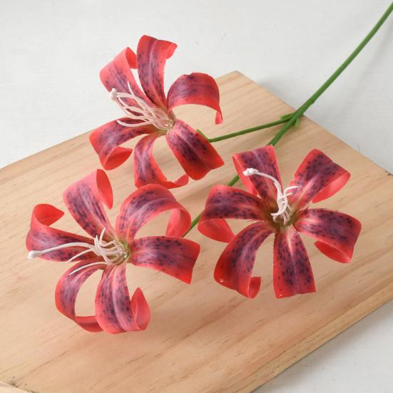 Artificial Lily Flowers 3 Heads Blooms Long Stem Lily Flower Branch Real Touch Fake Flower Bouquet for Home Hotel Wedding Party Table Centerpiece