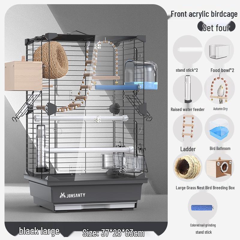 Großer Acryl-Vogelkäfig für Papageien, Nymphensittiche & Wellensittiche - Transparente Vorderseite mit Metallrahmen