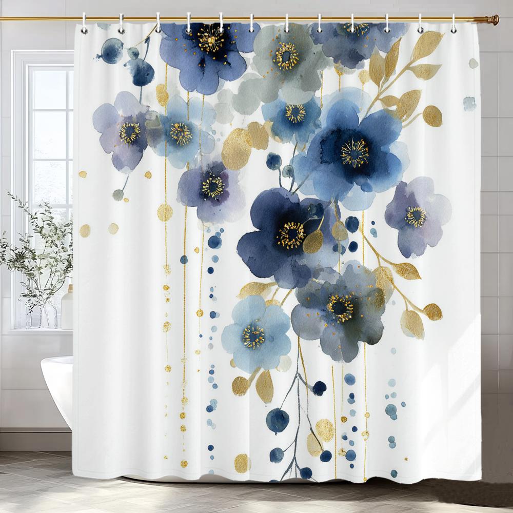 Watercolor Flowers And Plants Patterns Shower Curtain, Bathroom Decorative Shower Curtain, Waterproof Shower Curtain With Hooks