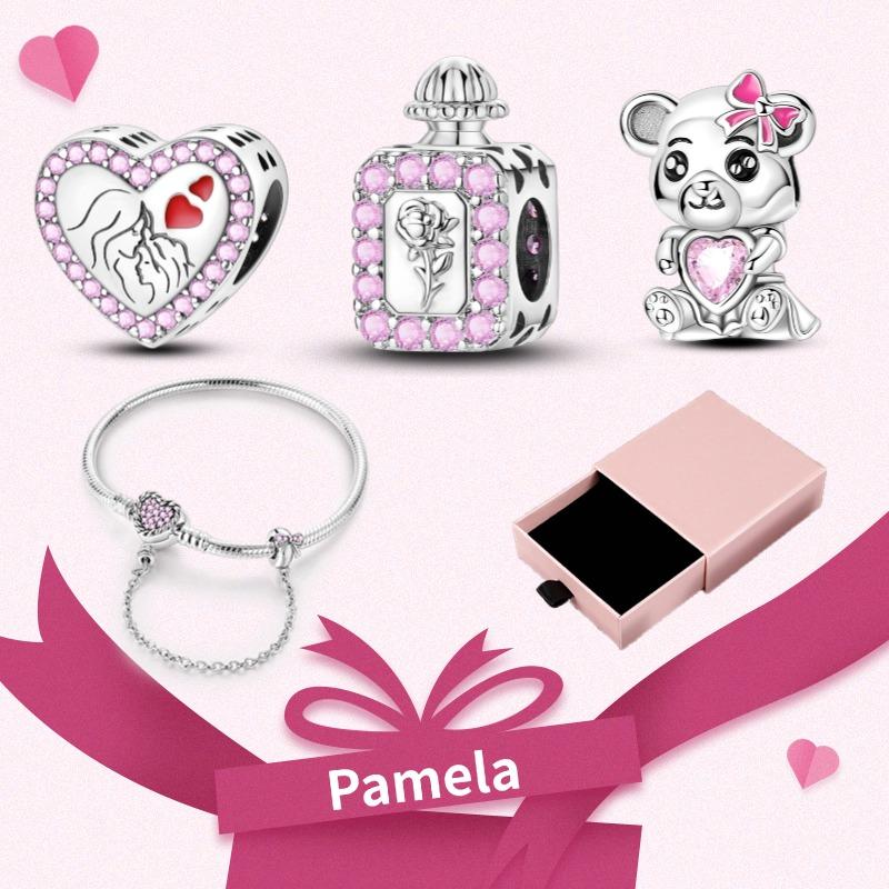 Pink Heart Charm Set 925 Original Silver Charms Bracelet With Gift Box For Women Wedding Anniversary Jewelry Gift 4pcs/lot