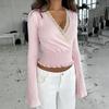Spicy Girl Pink Lace Patchwork Ruched V-Neck Base Shirt