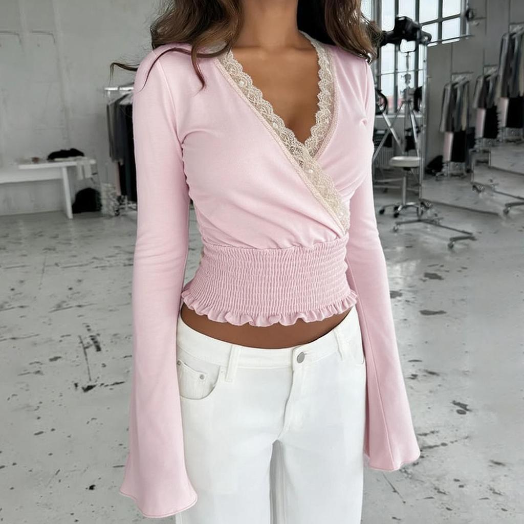 Spicy Girl Pink Lace Patchwork Ruched V-Neck Base Shirt