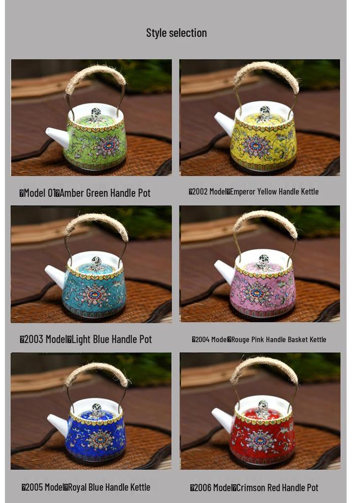 Enamel Color Ceramic Tea Set with Hand-Painted Floral Design, White Porcelain Kung Fu Brewer with Handle
