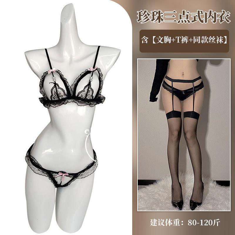 Pearl three-point underwear set, sexy lace open bow, sexy underwear, hot bra.
