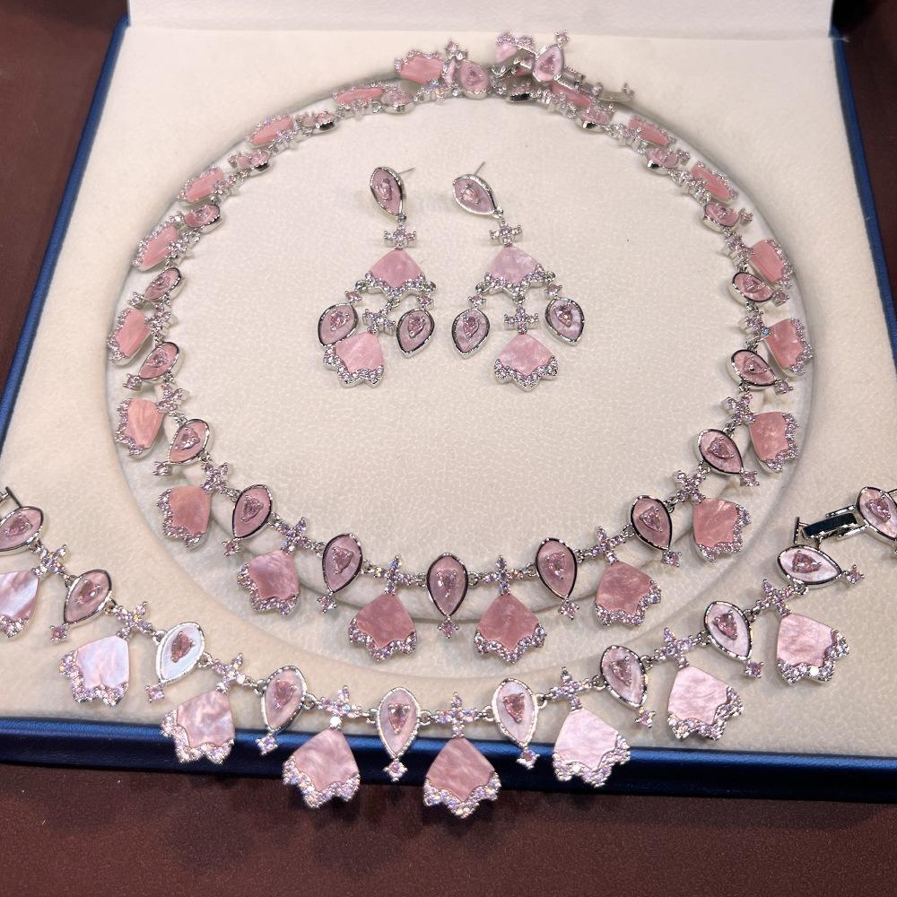 Luxury Pink Shell Necklace Jewelry 3 Pcs Set Wedding Bridal Jewelry Set for Women Dubai AUE Bride Gift