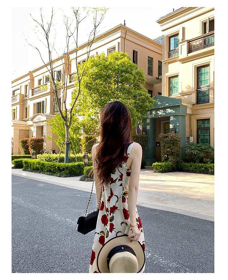 Women's French Retro Rose Floral Suspender Dress - Elegant and Chic Long Design