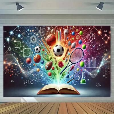 Science Sports Fusion Tapestry Educational Theme Wall Hanging Dynamic Elements Books Balls Chemistry Formulas Perfect for School