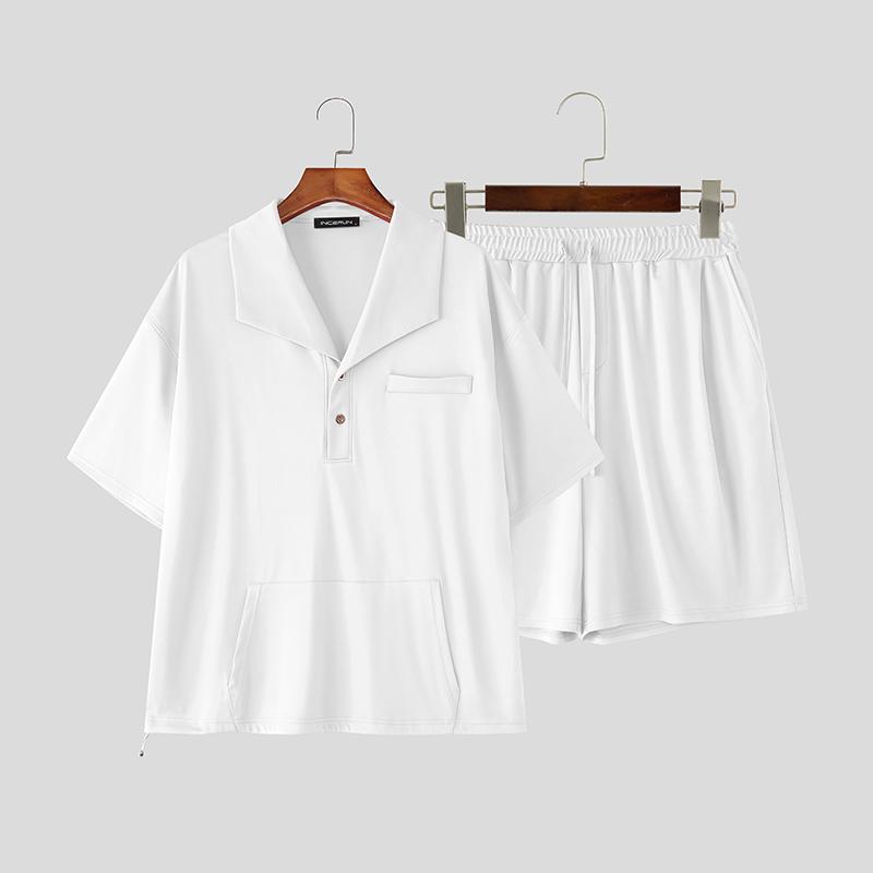 INCERUN Two Piece Suit Men Lapel Neck Short Sleeve T-Shirts Shorts Casual Sports Outfits Sets