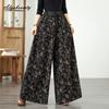 Korean Fashion Spring Autumn Women Black Jeans High Waist Drawstring Floral Print Denim Pants With Pockets Vintage Elegant Wide Leg Jeans