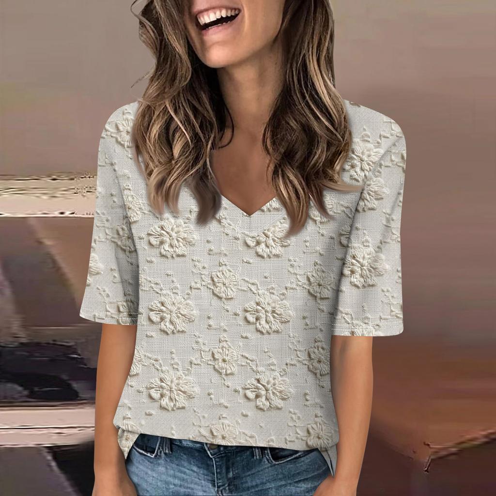 Women's Fashionable Casual Short-sleeved Five-quarter Sleeve Floral Print V-neck Top