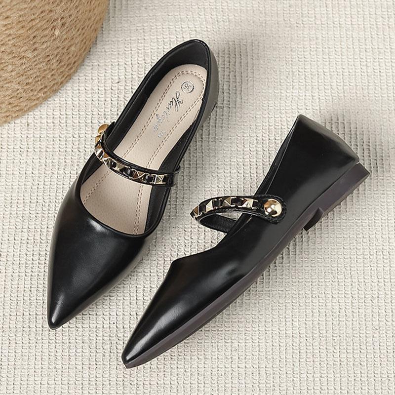 Soft Sole Flats Women's Fashion Rivet Buckle Straps Mary Jane Shoes Elegant Pointed-toe Pumps Lady Microfiber Leather Work Shoes