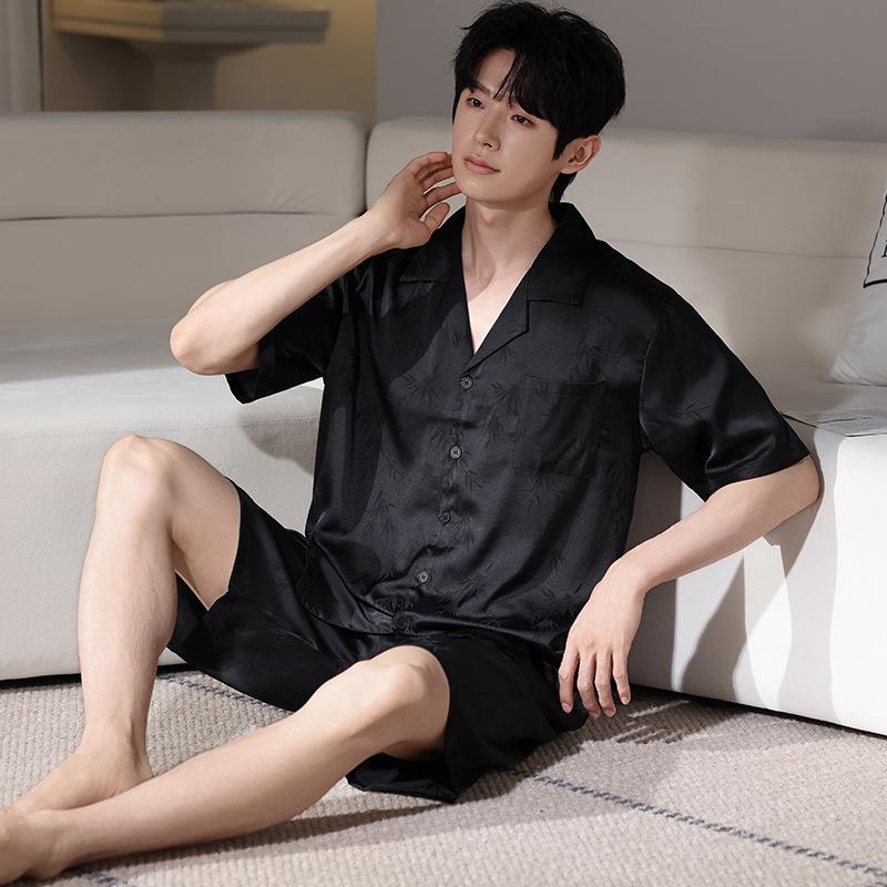 Ice silk pajamas men's summer 1011 new short-sleeved black high-end simulation silk summer loungewear set