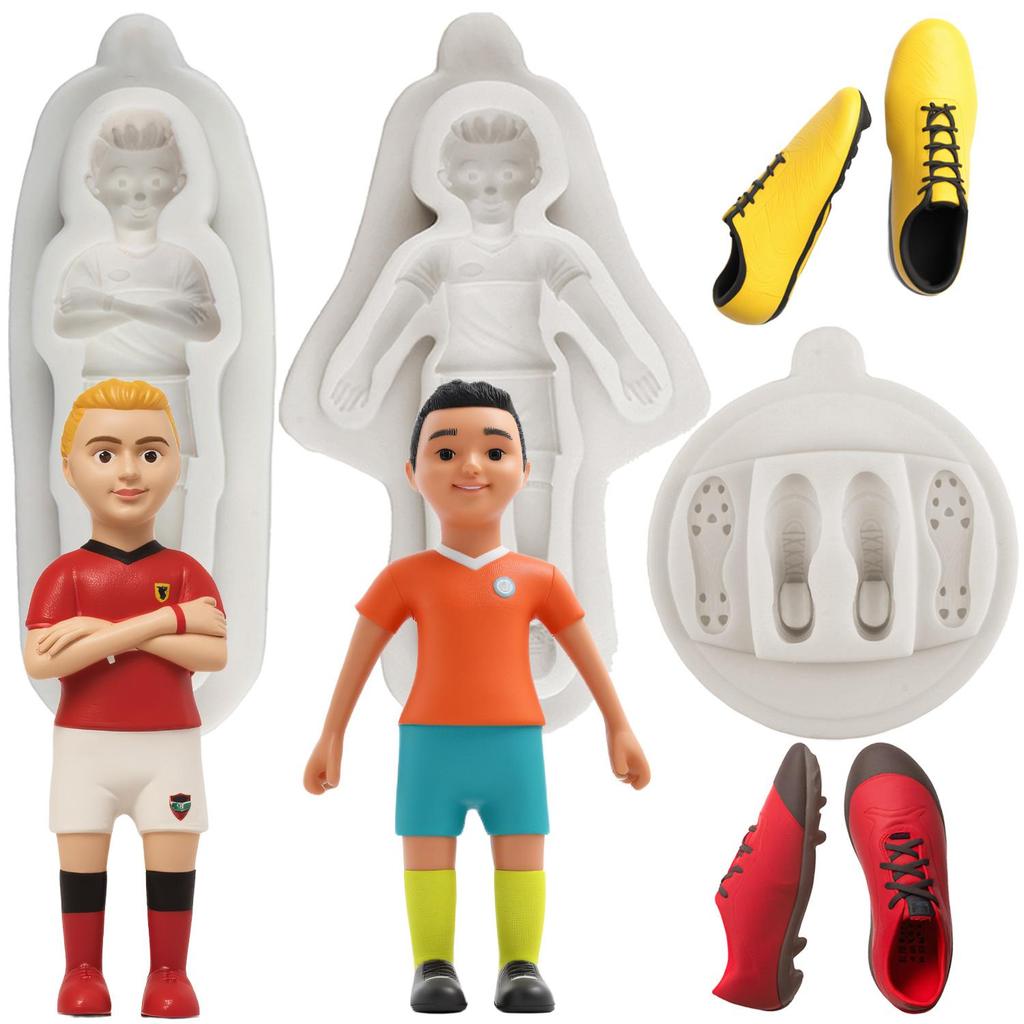 Moldes de Silicone Jogador de Futebol Jogador de Futebol Chuteiras Molde de Fondant Ferramentas para Decoração de Bolo Topper de Cupcake Doce Chocolate Molde de Pasta de Goma