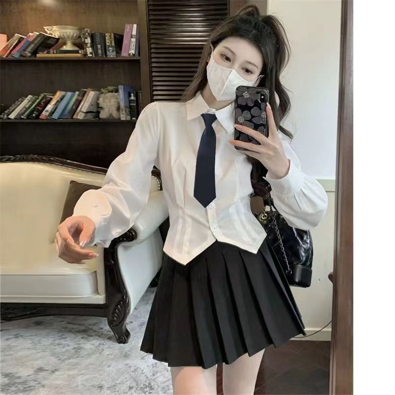 White Long Sleeve Vintage Shirt Women Slim Tunic Button Up Basic Blouse School Polo Neck Crop Top Female