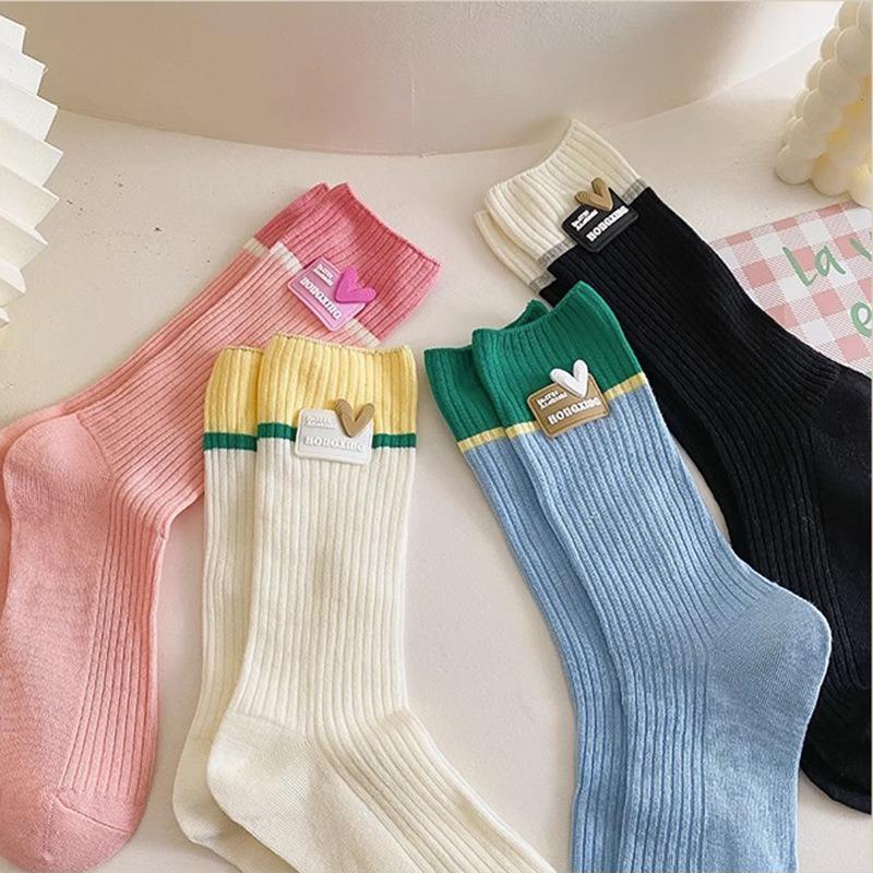 5 Pairs of New Female Spring and Summer Sweat Absorbing Color Collage Style Long Tube Stack Socks