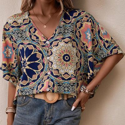 Ladies Summer Short Sleeve V Neck Loose Retro Flower Printed Pullover  Shirt Top