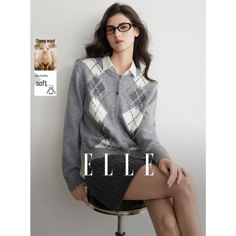ELLE Women s Diamond Knit Merino Wool Cardigan M