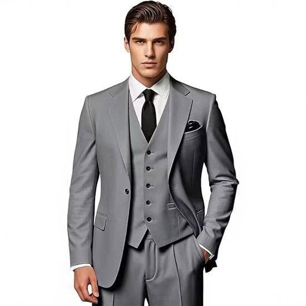 

New Men s Slim Fit Three Piece Suit Business Korean Style Formal Wear Polyester Fiber Spring Autumn Season Double Slit S темно серый