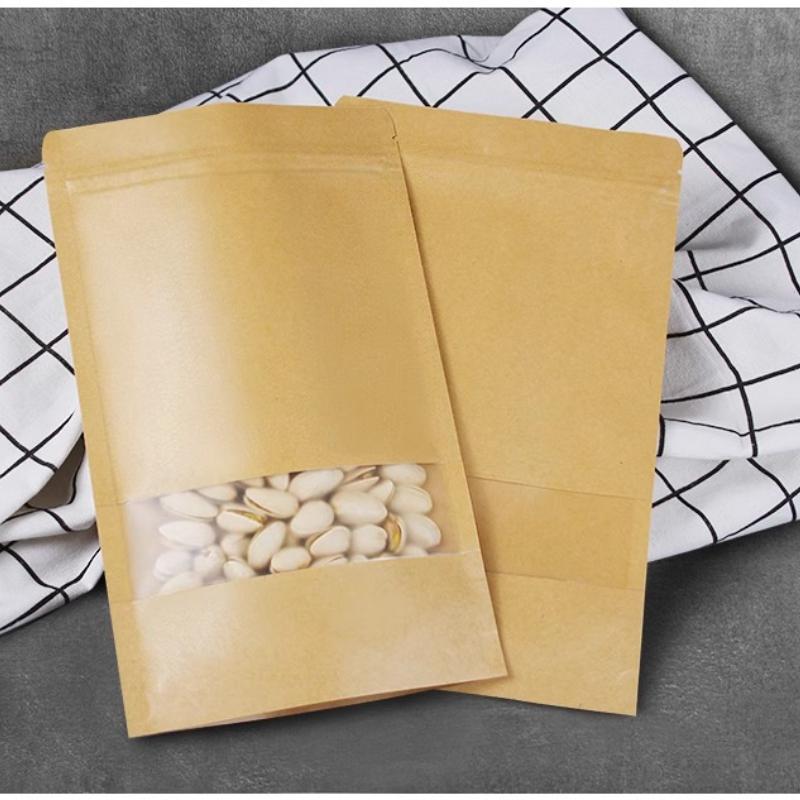 Sáček z kraftového papíru, samonosný, s průhledným okénkem, samouzavírací obalový sáček, ekologický zapečetěný obalový sáček, dostupný v několika velikostech