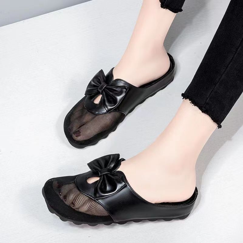 

Mesh slippers women s summer outer wear 2025 new real soft leather bow flat bottom sandals soft bottom non-slip bag head shoes 40 чорний