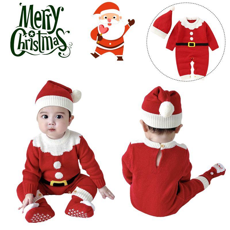 Adorable Christmas Baby Knitted Romper Jumpsuit Outfit W/ Santa Claus Sweater Hat